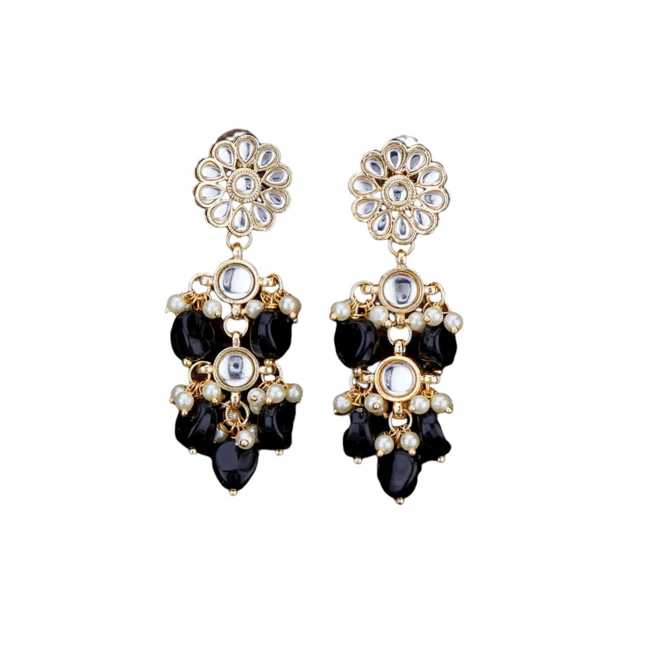 Indian Jhumka Earrings for Women - Large Floral Kundan Faux Pearls Drop Chanbali Earrings Indian Jhumki Ethnic Beaded Bollywood Style Dangle Earrings Jewelry for Bride Birthday Gift for Her